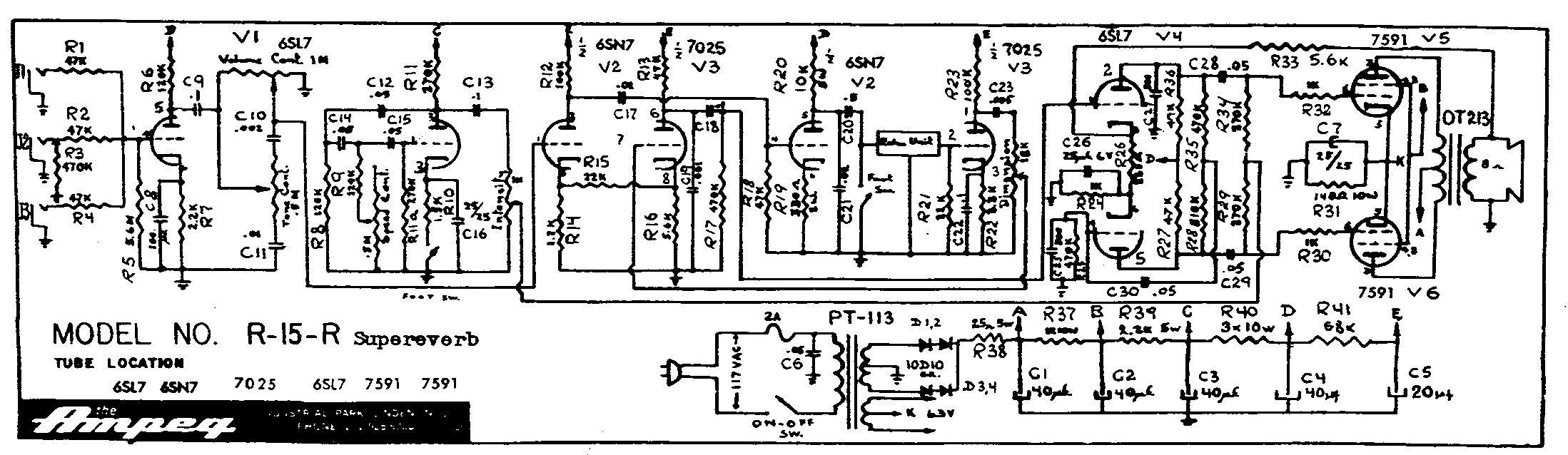 Ampeg R-15R Super Reverb Schematic