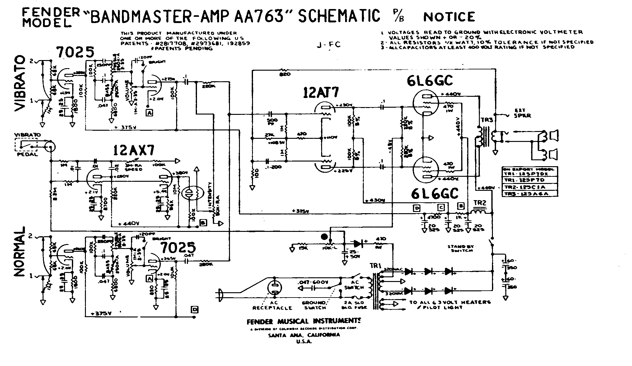 Fender Bandmaster Amp AA763 Schematic