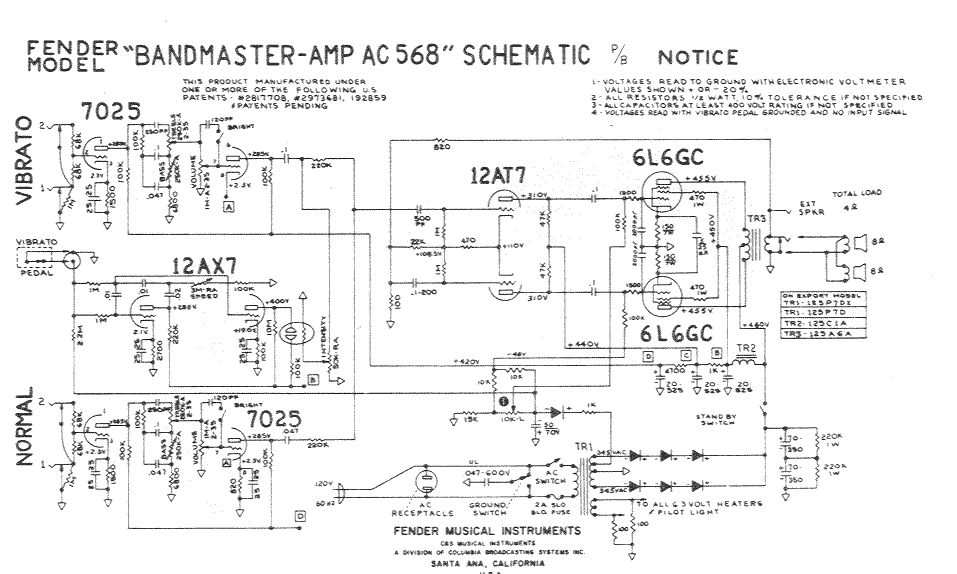 Fender Bandmaster Amp AC568 Schematic