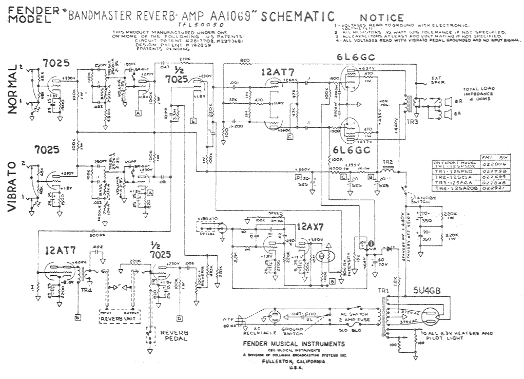 Fender Bandmaster Reverb Amp AA1069 Schematic