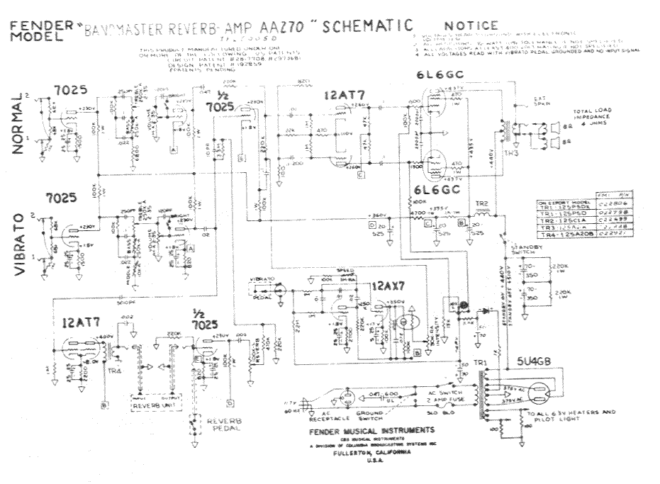 Fender Bandmaster Reverb Amp AA270 Schematic