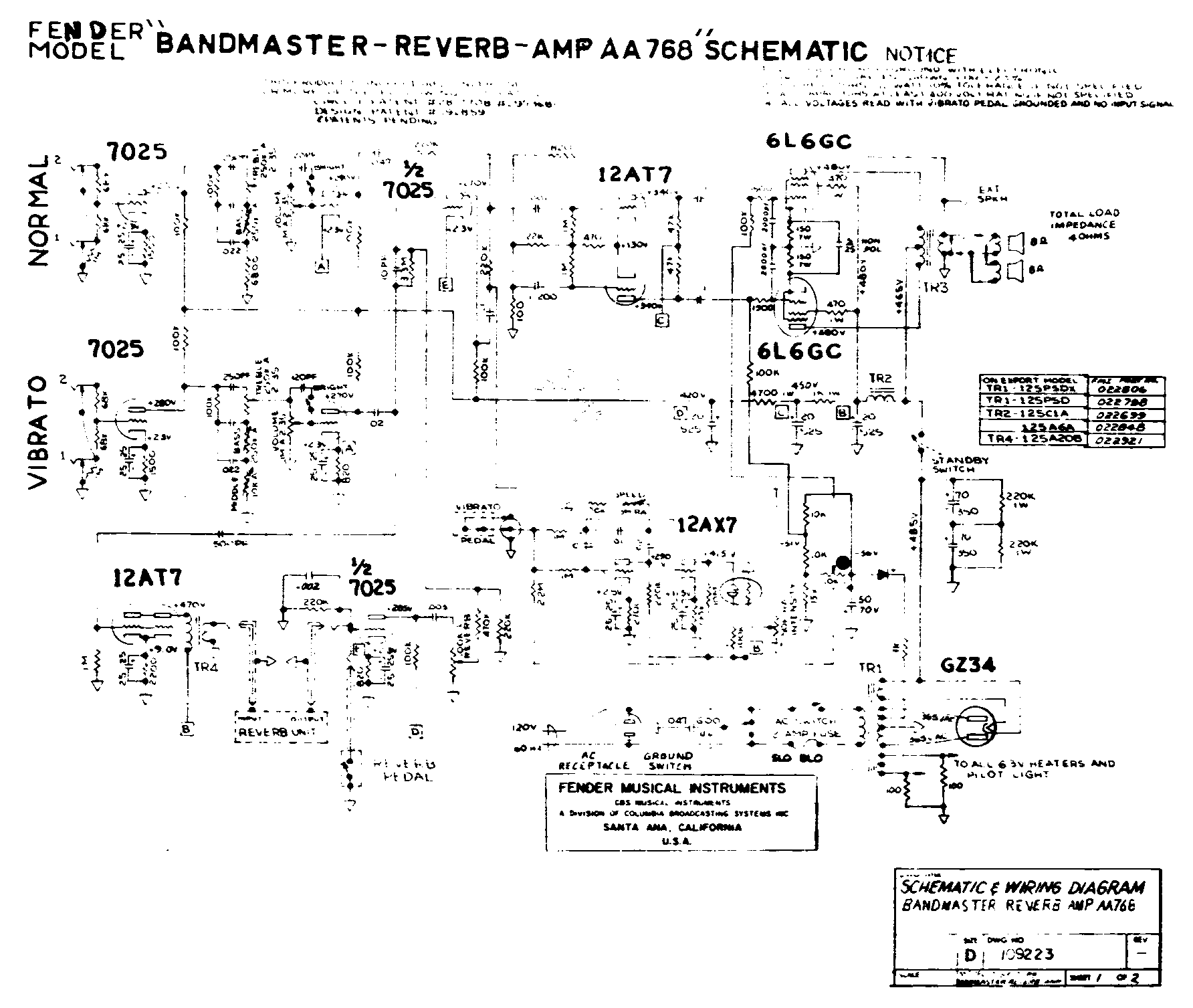 Fender Bandmaster Reverb Amp AA768 Schematic