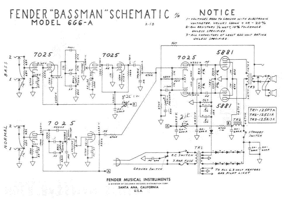 Fender Bassman 6G6-A Schematic