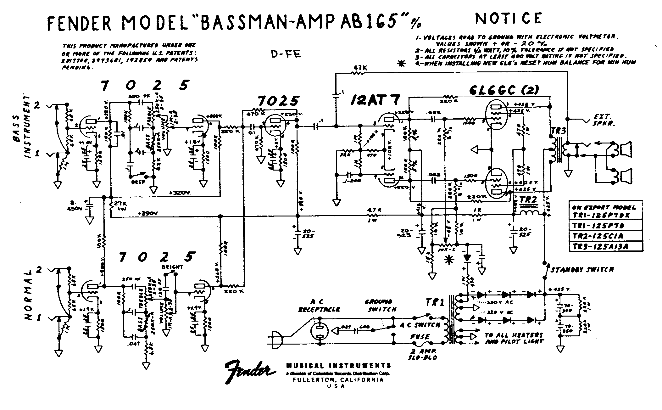 Fender Bassman Amp AB165 Schematic