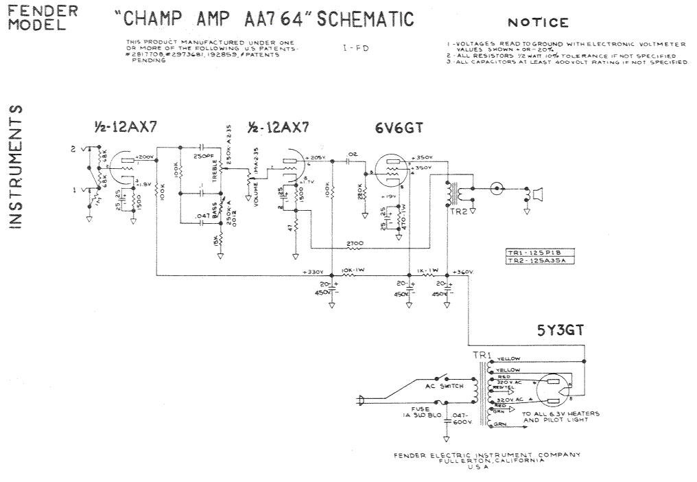 Fender Champ Amp AA764 Schematic