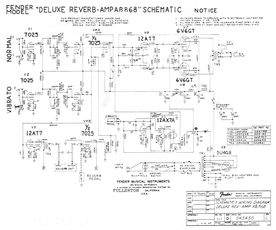 Fender Deluxe Reverb Amp AB868 Schematic