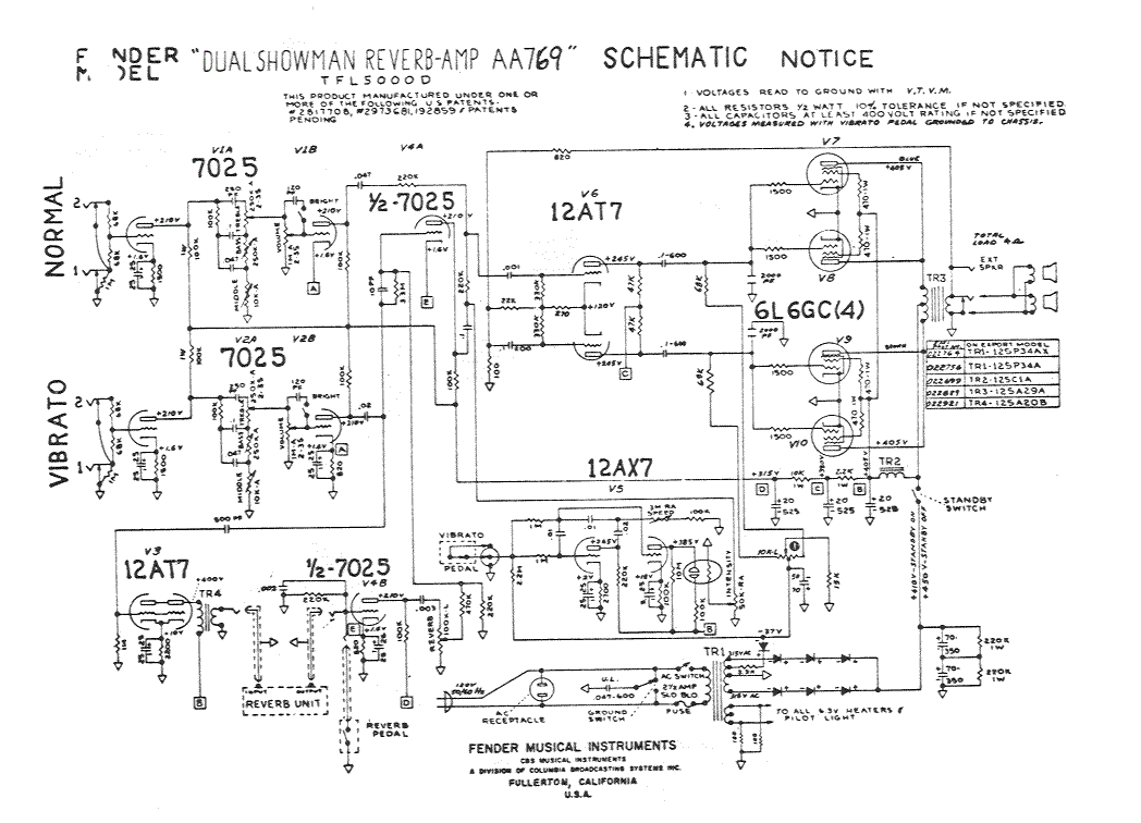 Fender Dual Showman Reverb Amp AA769 Schematic