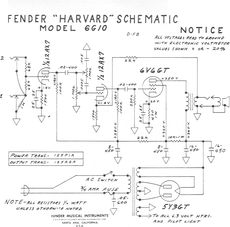 Fender Harvard 6G10 Schematic