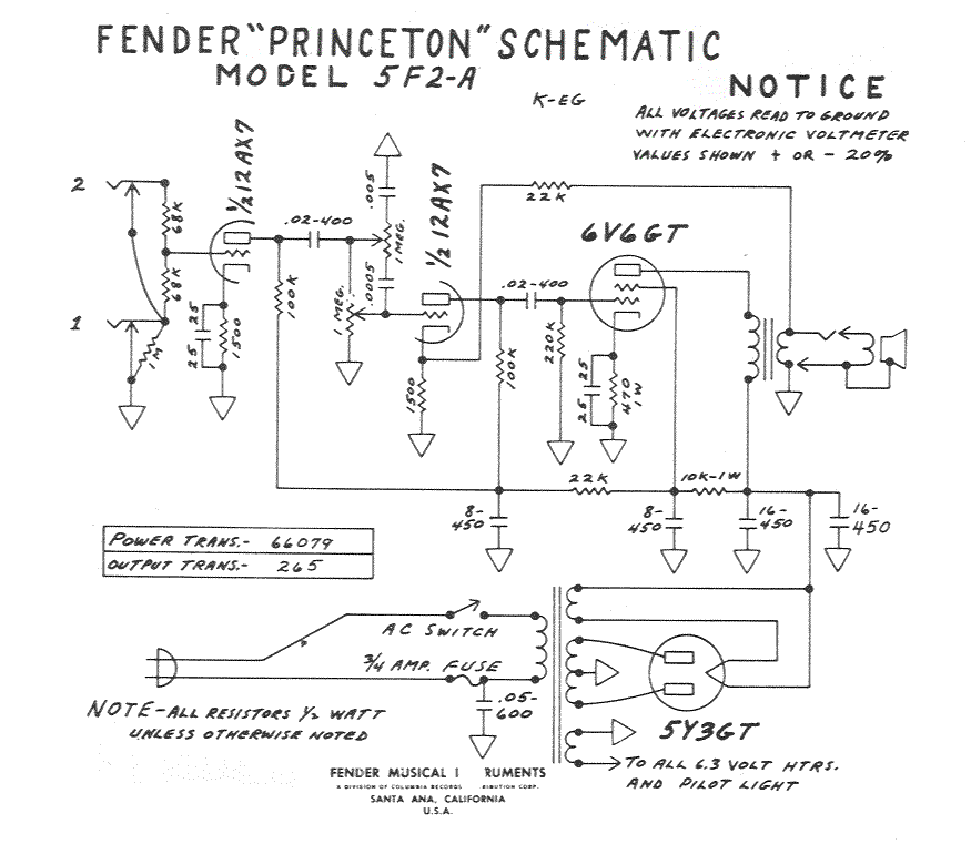 Fender Princeton 5F2-A Schematic