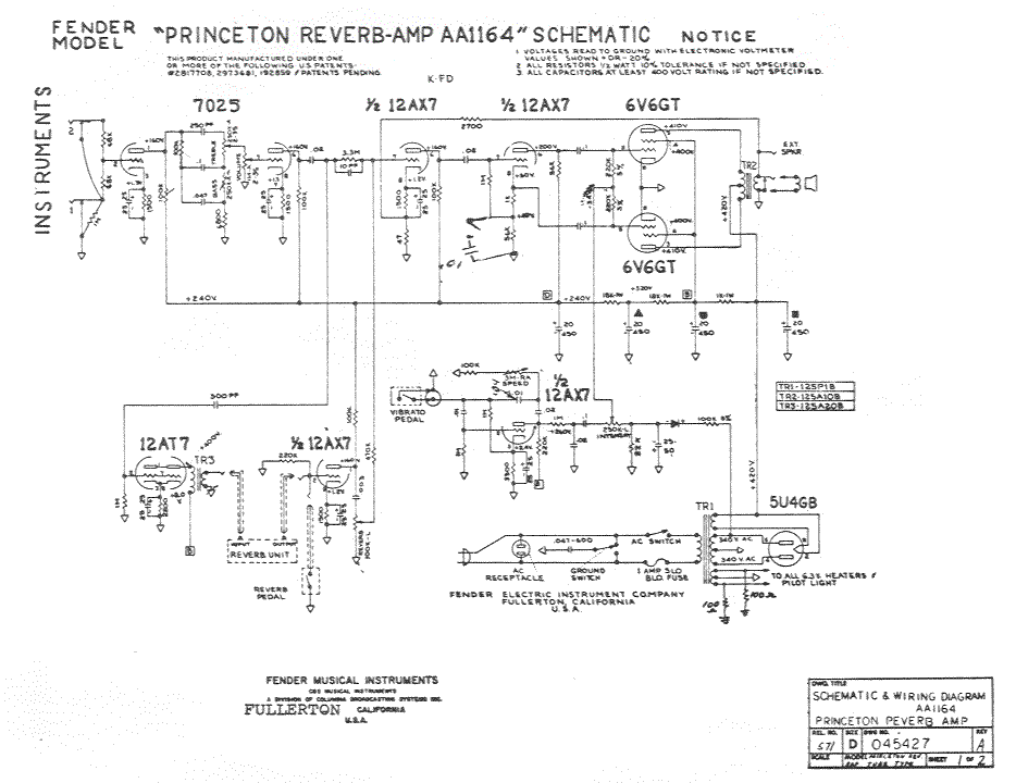 Fender Princeton Reverb Amp AA1164 Schematic