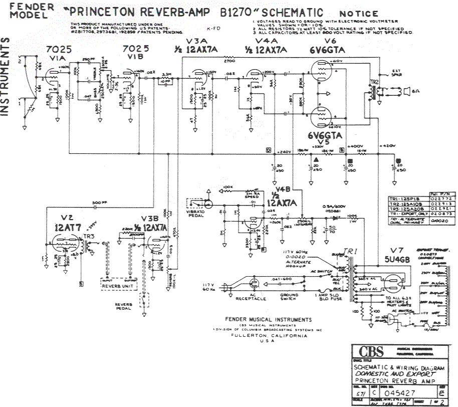 Fender Princeton Reverb Amp B1270 Schematic