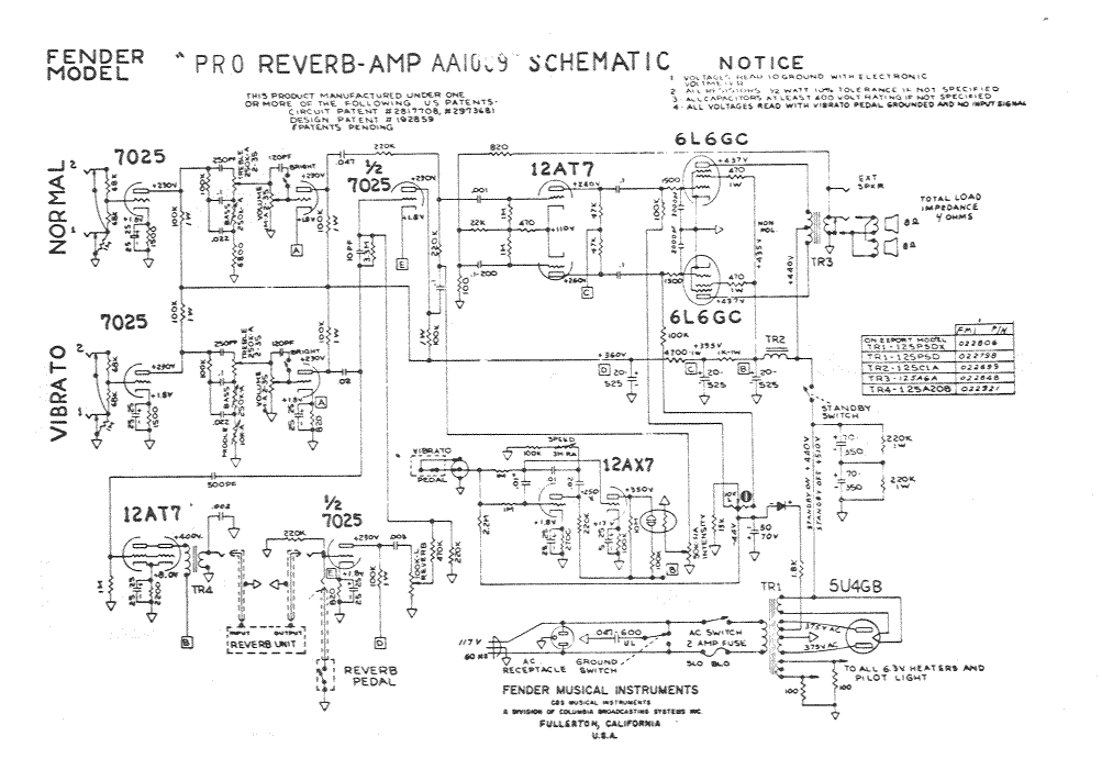 Fender Pro Reverb Amp AA1009 Schematic
