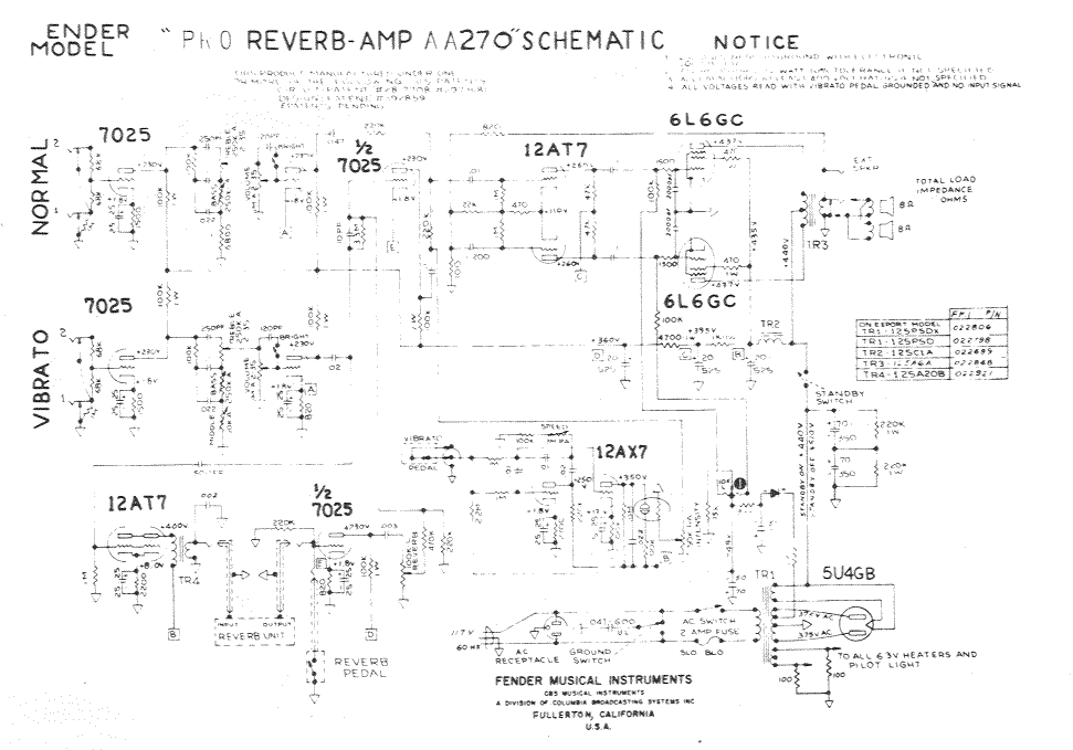 Fender Pro Reverb Amp AA270 Schematic
