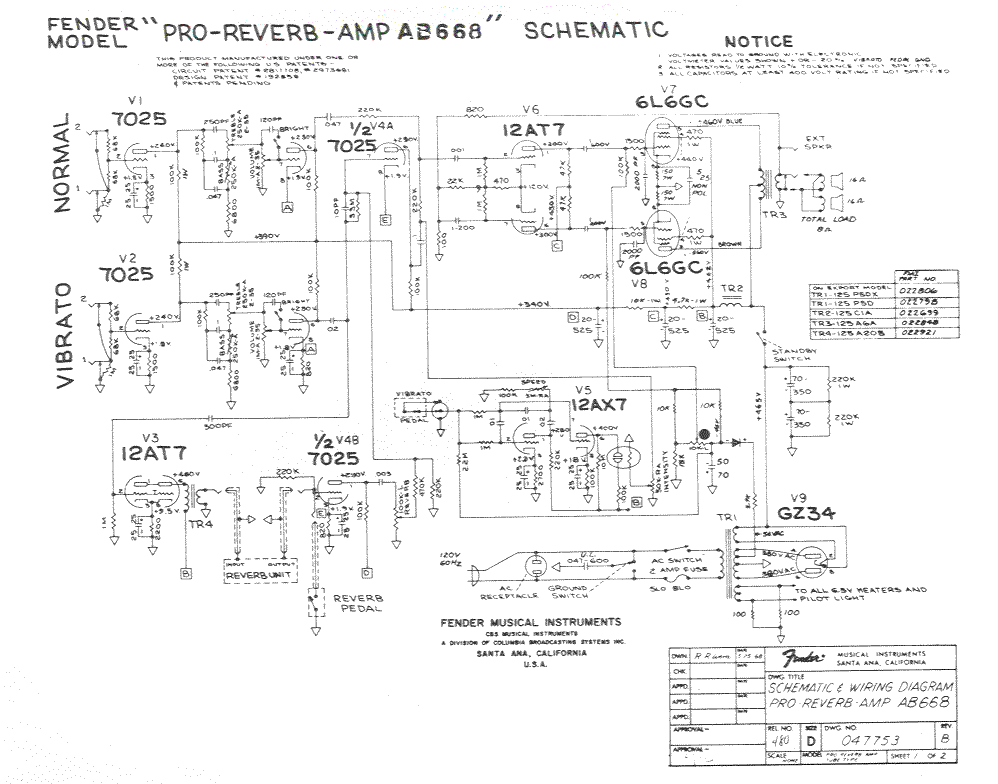 Fender Pro Reverb Amp AB668 Schematic