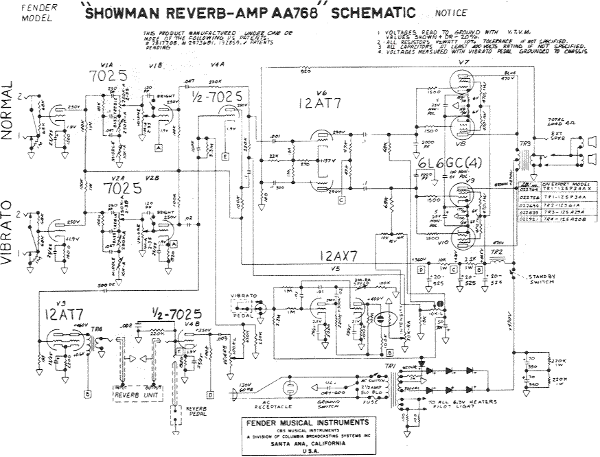 Fender Showman Reverb Amp AA768 Schematic