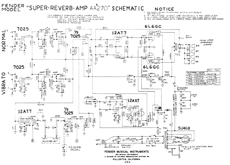 Fender Super Reverb Amp AA270 Schematic
