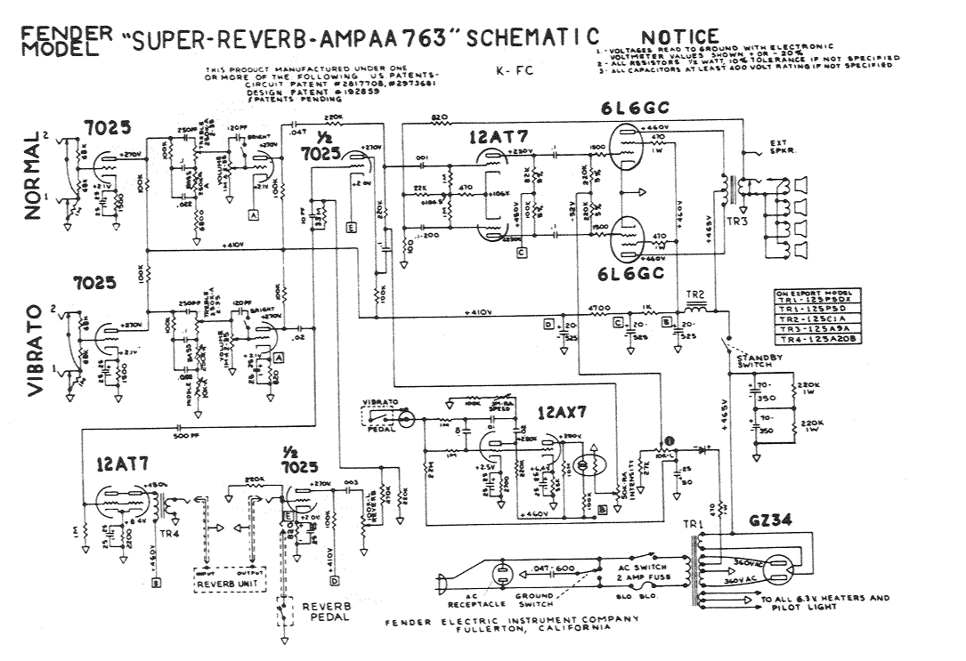 Fender Super Reverb Amp AA763 Schematic