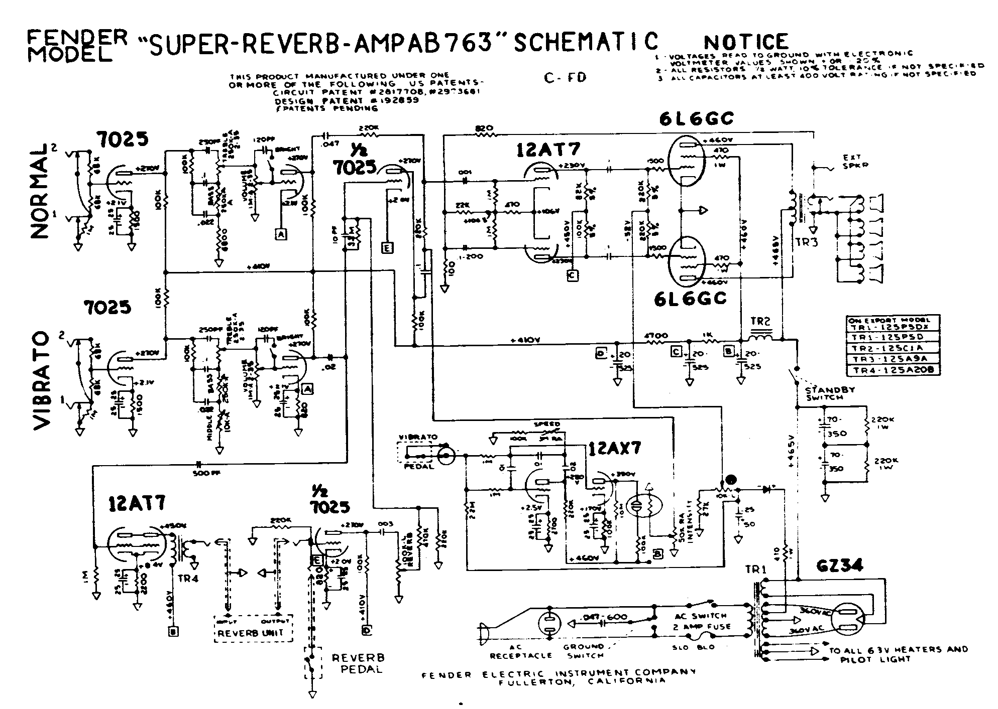 Fender Super Reverb Amp AB763 Schematic