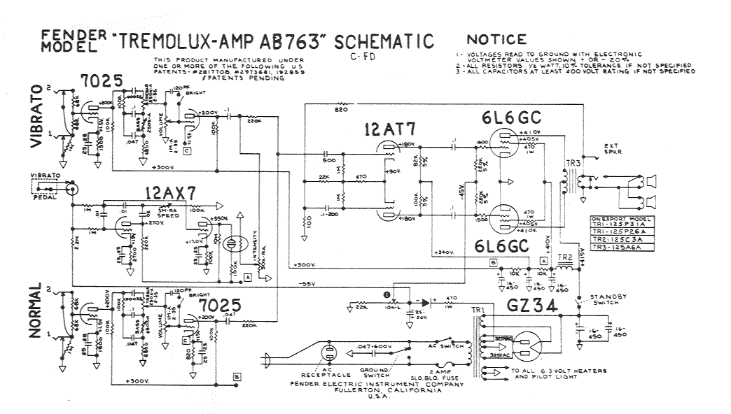 Fender Tremolux Amp AB763 Schematic