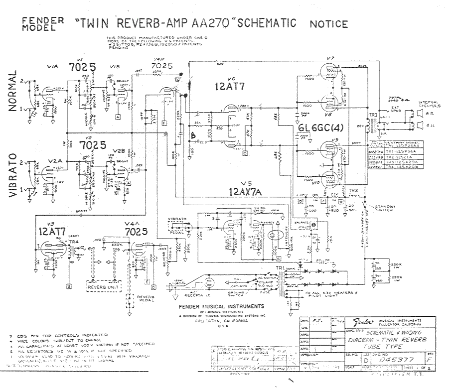 Fender Twin Reverb Amp AA270 Schematic