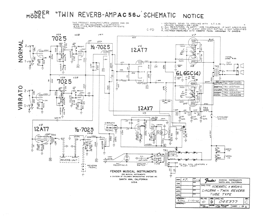 Fender Twin Reverb Amp AC568 Schematic