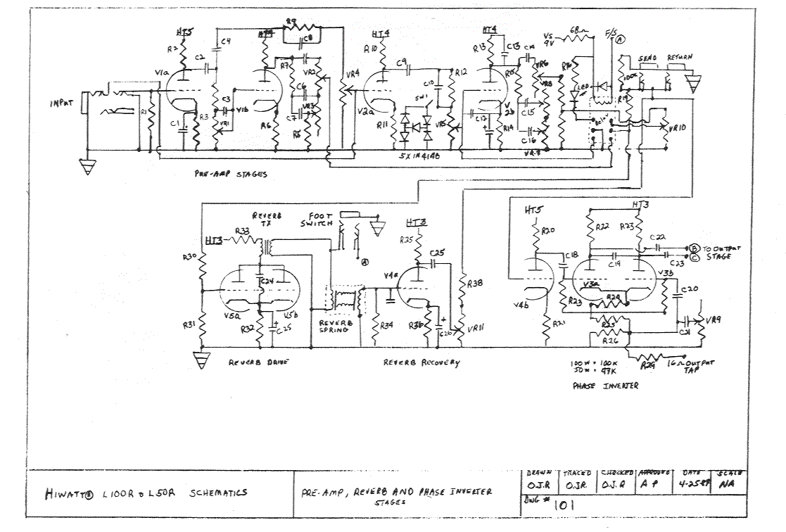 HiWatt Preamp, Reverb & Phase Inverter Stage Schematic