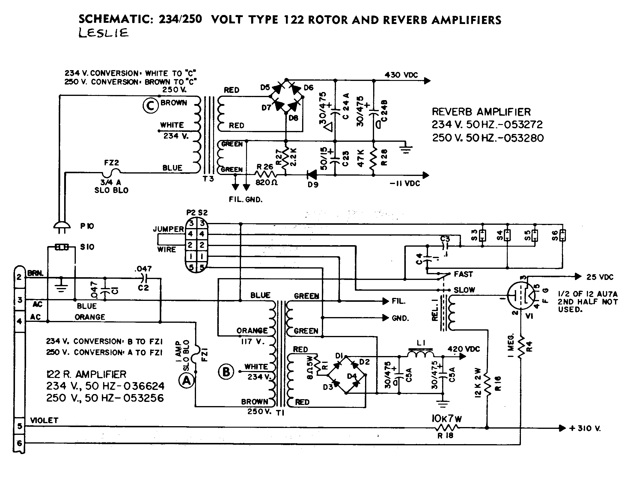Leslie 122 Rotor and Reverb Power Supply Schematic