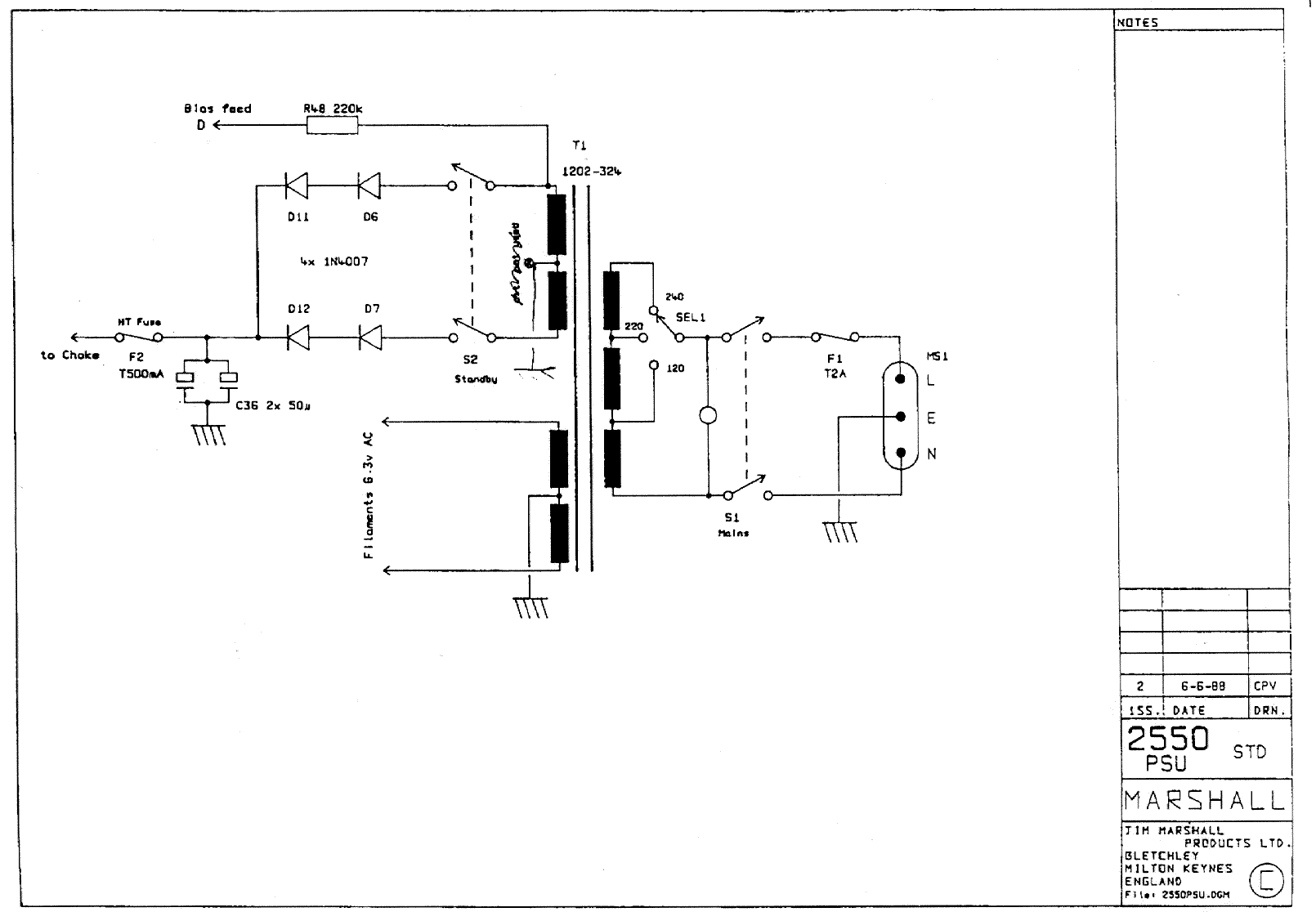 Marshall 2550 STD Power Supply Schematic