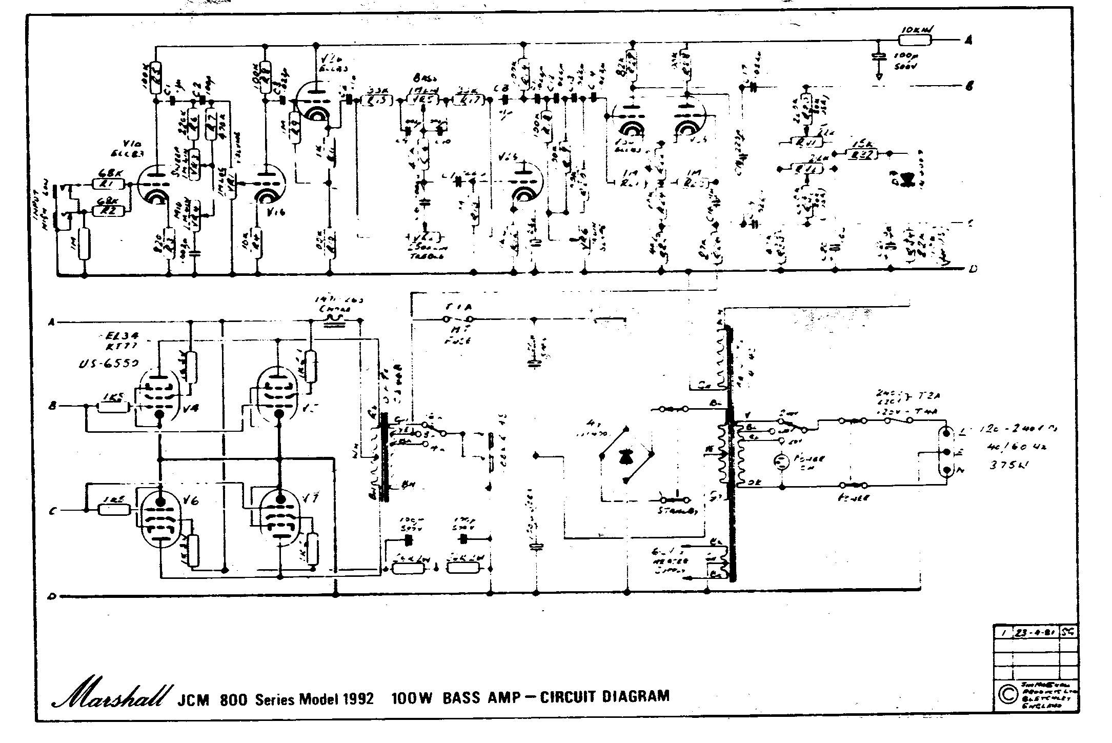 Marshall JCM800 Bass Amp 1992 100W Schematic