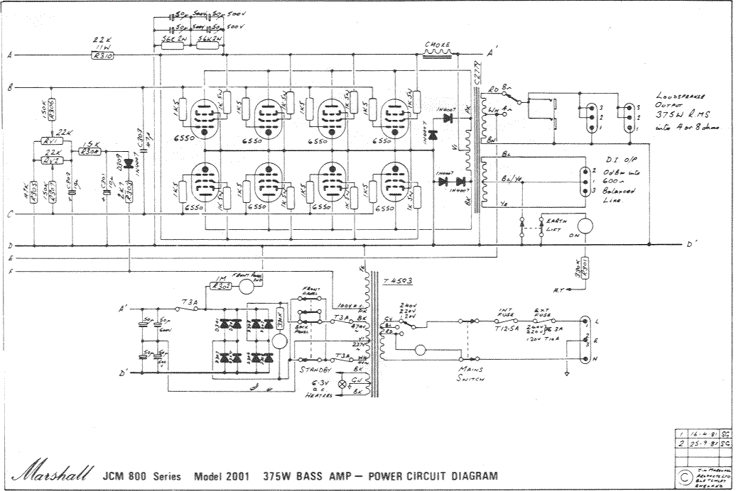 Marshall JCM800 Bass Amp M2001 375W Power Amp Schematic