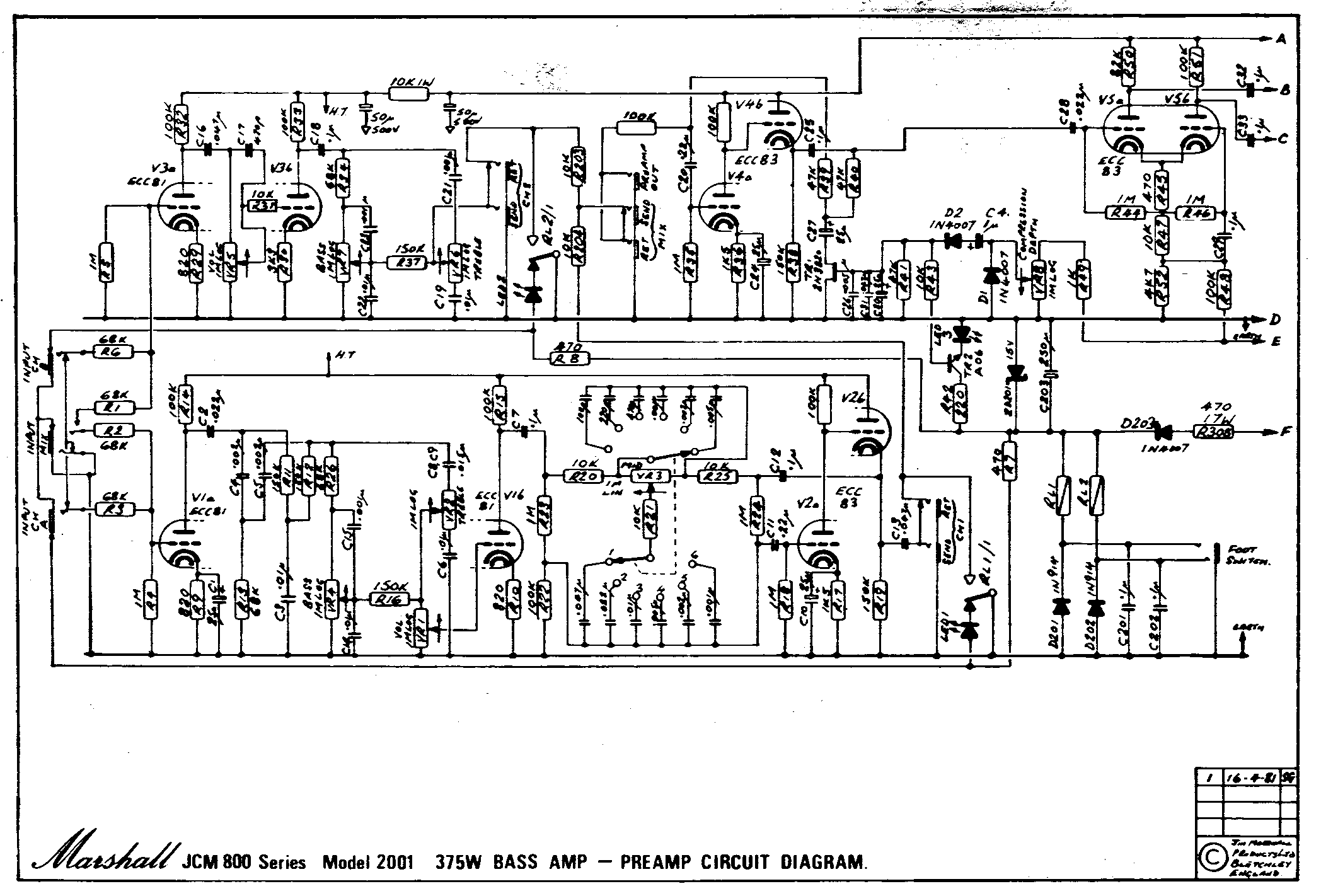 Marshall JCM800 Bass Amp M2001 375W Preamp Schematic