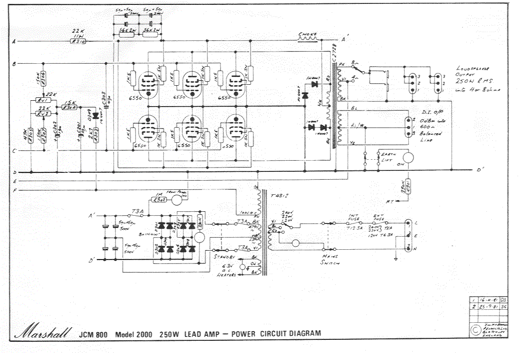 Marshall JCM800 Lead M2000 250W Power Amp Schematic
