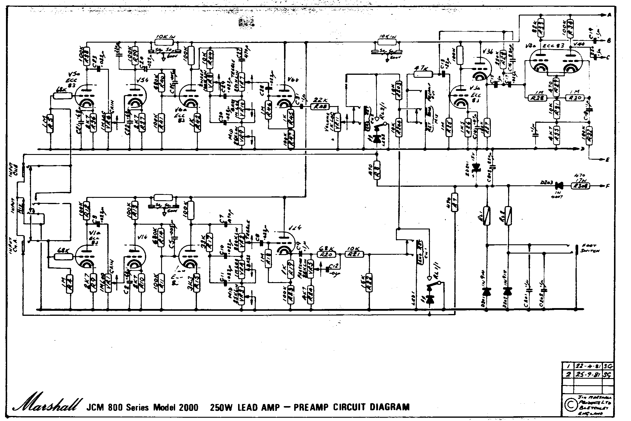Marshall JCM800 Lead M2000 250W Preamp Schematic
