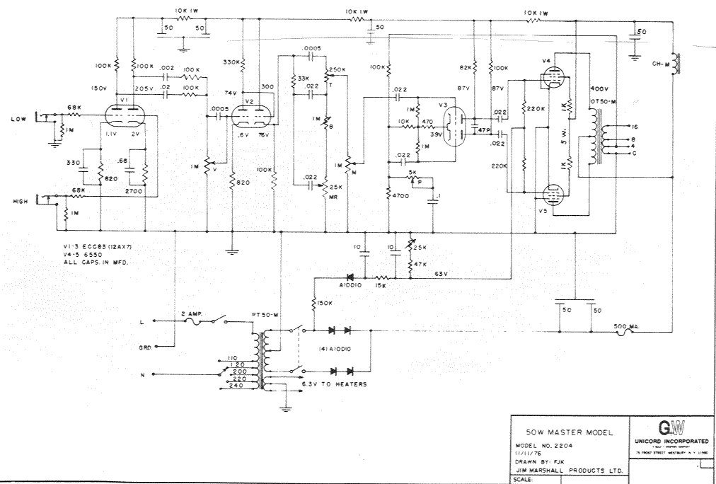 Marshall JCM800 Master Volume M2204 50W Schematic