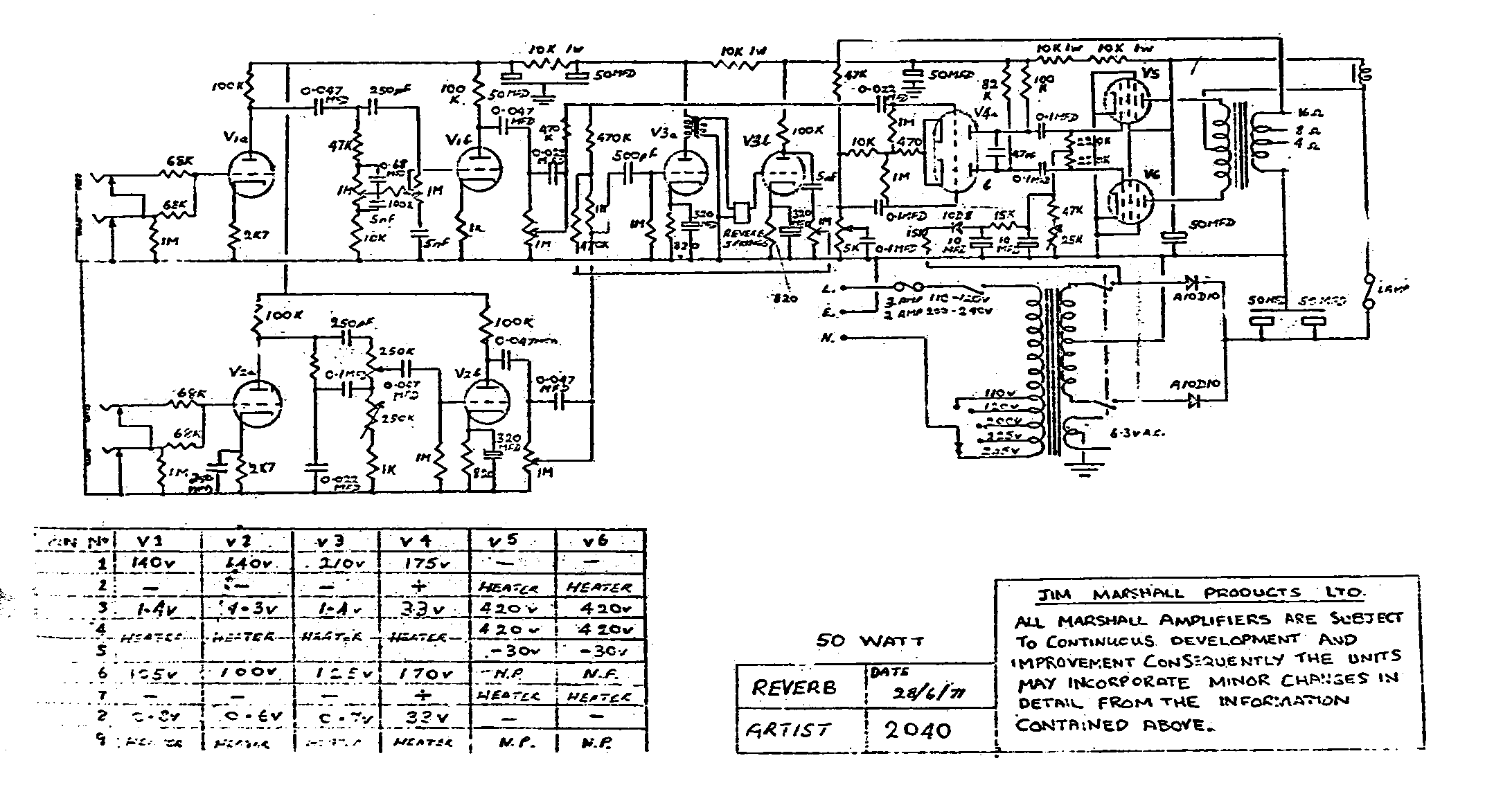 Marshall Artist 2040 50W Schematic