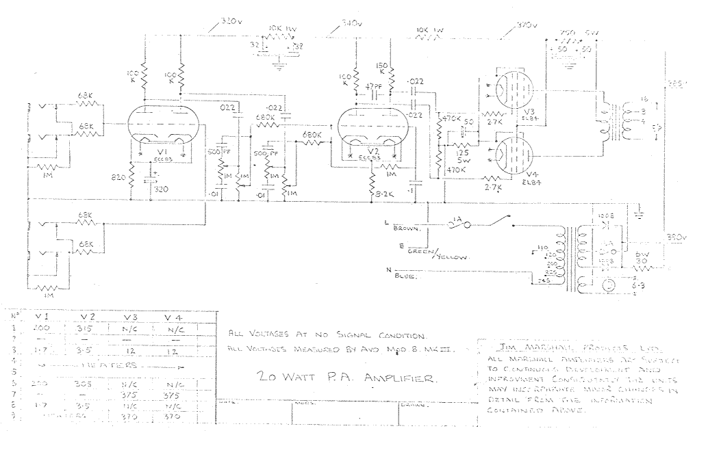 Marshall PA Amplifier 20W Schematic